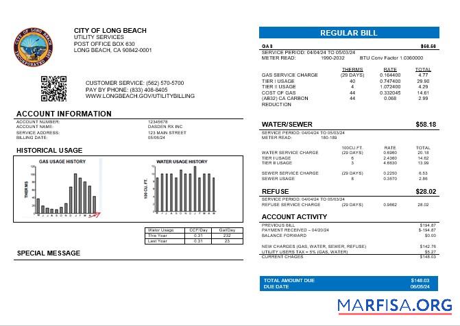 Printable USA City of Long Beach business utility bill template in Word and PDF formats